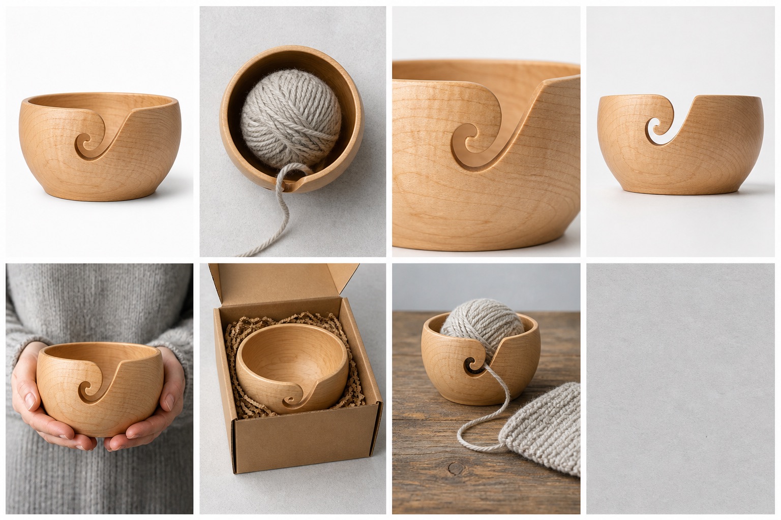 Seven demonstration listing images for a fictional maple yarn bowl